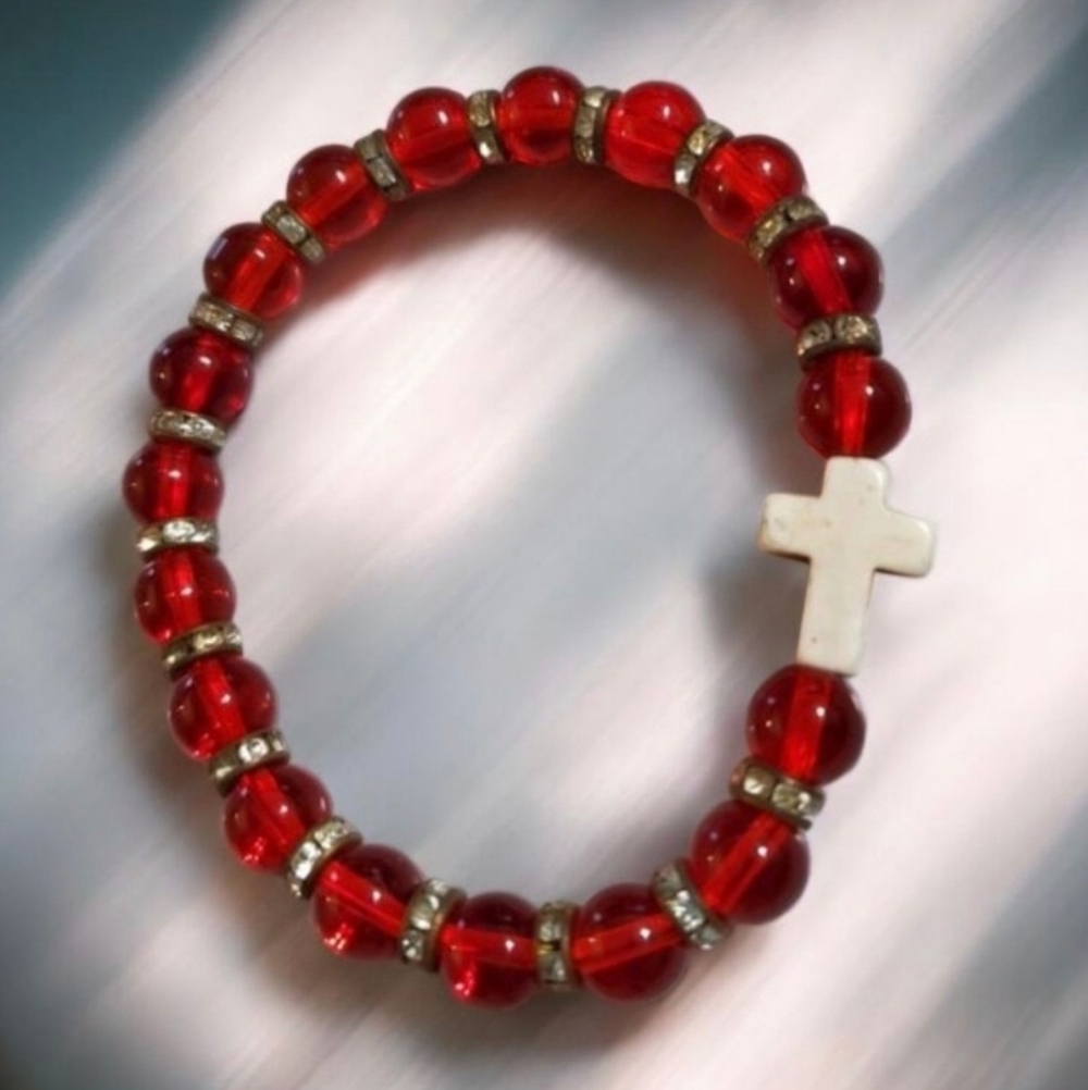 Red Beads with Cross Stretch Bracelet